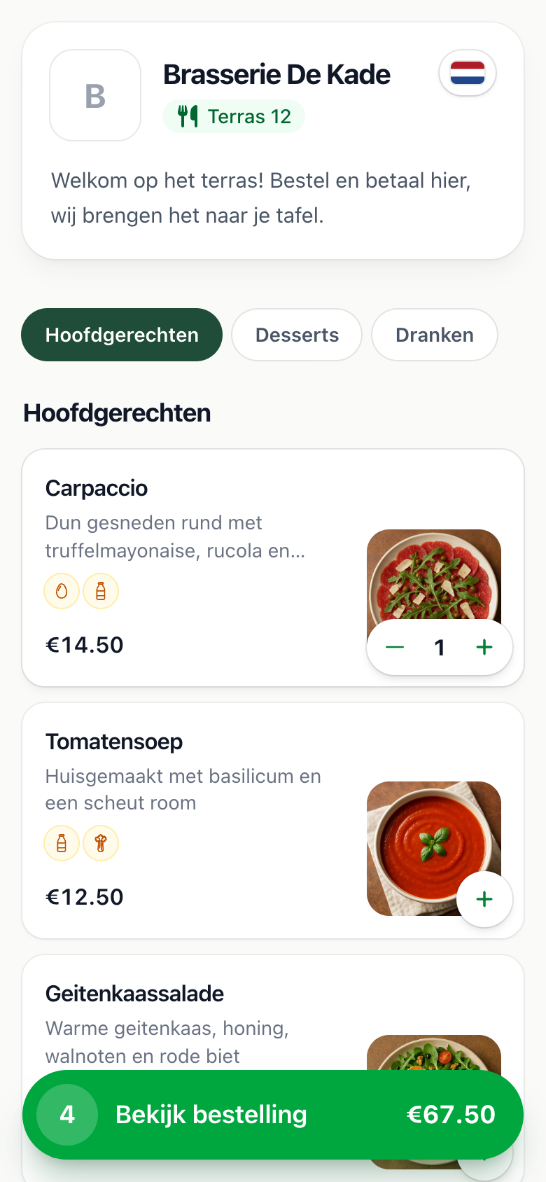 Het QR-menu dat een gast op tafel ziet